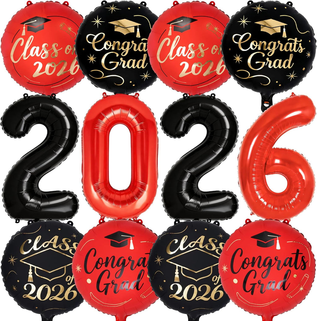 PartyWoo Graduation Balloons - Class of 2026 Foil Number & Mylar Balloons | Black, Red, Gold, 12pcs Set