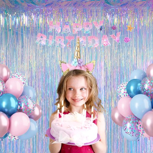 Iridescent Clear Tinsel Curtain Backdrop - 3.28 x 8ft Rainbow Foil Fringe | Shimmer Party Decoration (2 Pack)