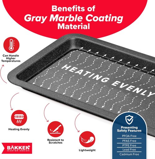 BAKKEN 3-Piece Nonstick Baking Pan Set - Stackable Cookie Trays, Oven Safe Up to 450°F, Gray Marble
