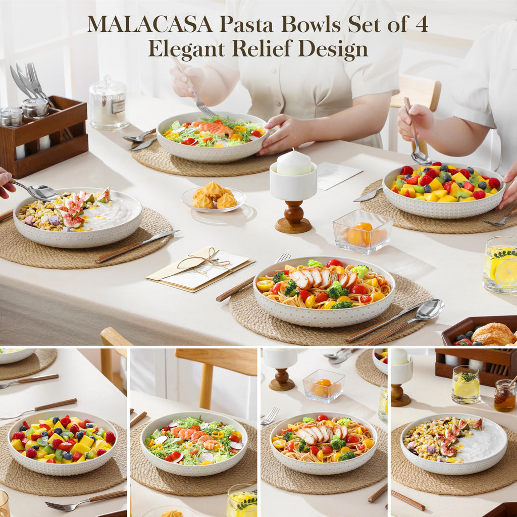 MALACASA Pasta Bowls 48 Oz, 9.5 Inch Large Salad Bowls, Modern Relief Design Ceramic Serving Bowls, Wide and Shallow Plates Pasta Plates, Microwave & Dishwasher Safe, Set of 4, Series LYDIA