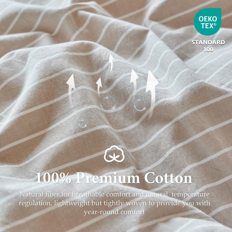 QKTE Striped 100% Washed Cotton Duvet Cover Set King Size 3Pcs(1 Comforter Cover&2 Pillowcases), Natural Cotton Bedding Set Soft Breathable Farmhouse Zipper Closure All Seasons(Khaki-White,King)
