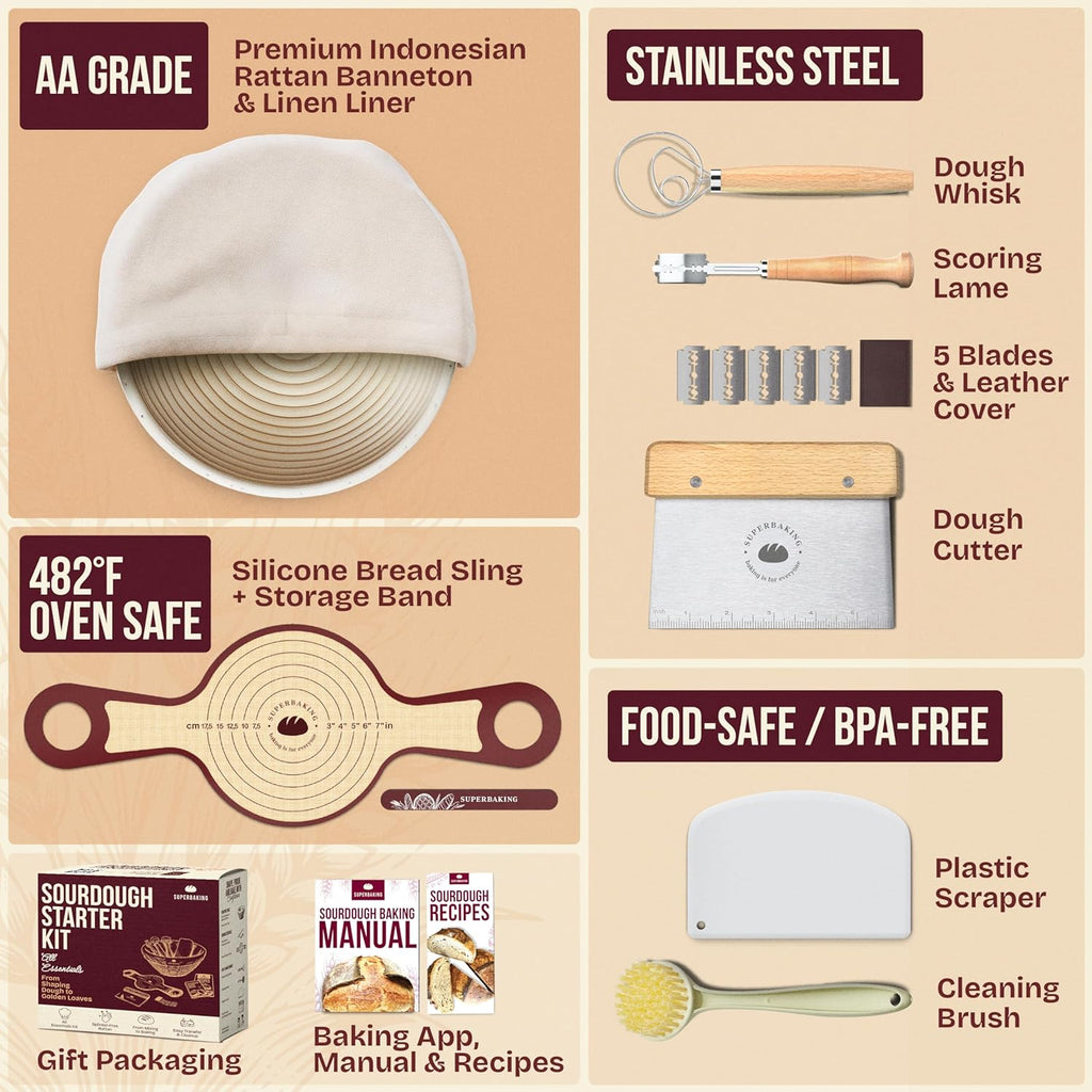 Superbaking Sourdough Starter Kit - 9" Round Banneton Bread Proofing Basket Set & Silicone Sling