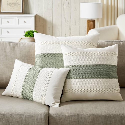 ZeeMart 2 Packs Cotton Boho Throw Pillow Covers 24x24 Inch Contrast Green, Soft Farmhouse Decorative Couch Pillow Cases Sage Green Cushion Covers for Sofa Bed Living Room Home Decor