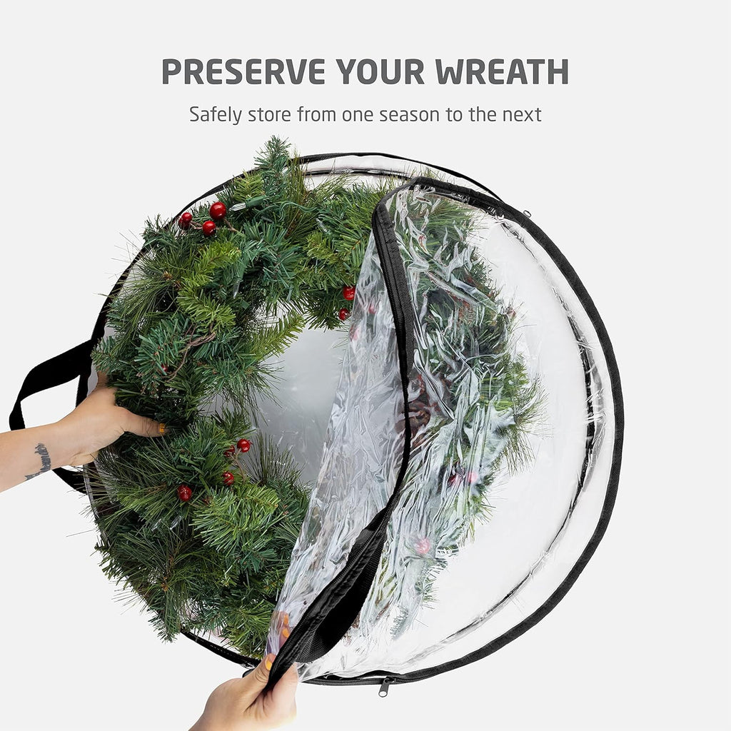 ZOBER Christmas Wreath Storage Container - 24 Inch Dual Zippered Bag with Durable Handles - Black | 2 Pack