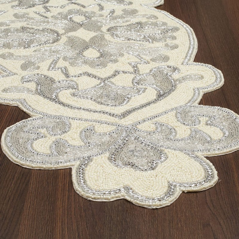 Homebia Designs Hand Beaded Decorative Farmhouse Glitz Table Runner for Wedding, Easter, Christmas Party Decorations - A Beautiful Complement to Your Dinner Table Décor-13x36 Inch- Silver Ivory