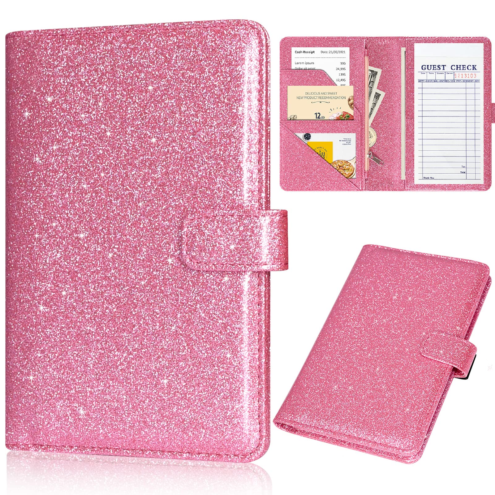 JKhandy Server Book for Waitress - Leather Waiter Book Server Wallet with Zipper Pocket, Cute Serving Book&Server Note Pads Holder with Magnetic Closure, Glitter Pink