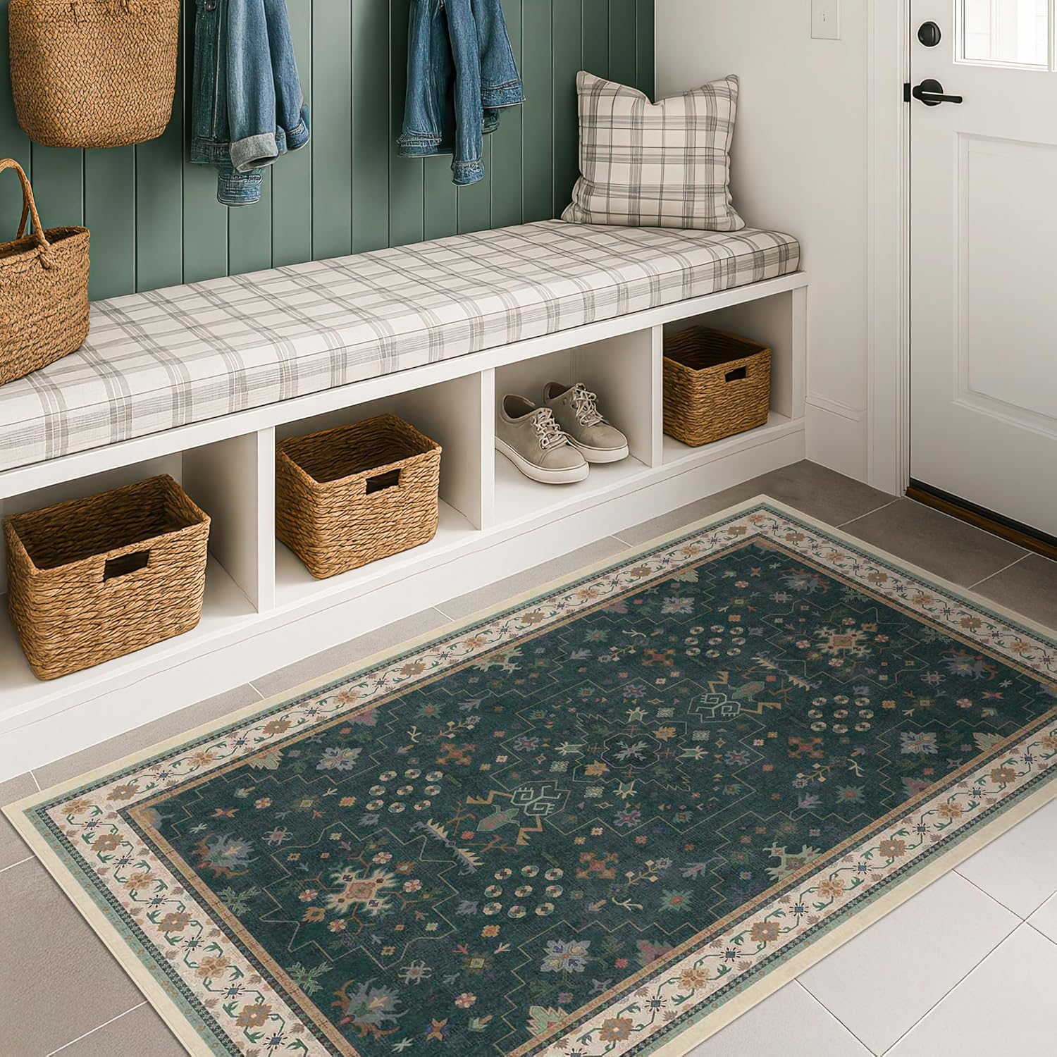Oushak Dark Green 3x6 Kitchen Rug - Modern Vintage Boho Floral, Washable Non-Slip Area Rug for Entryway & Bedroom