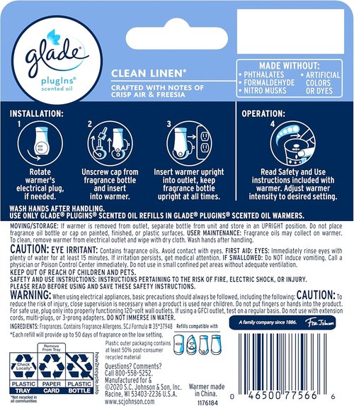 Glade PlugIns Air Freshener Starter Kit - Clean Linen Scented Refills | 1 Warmer + 2 Refills, 1.34 Fl Oz