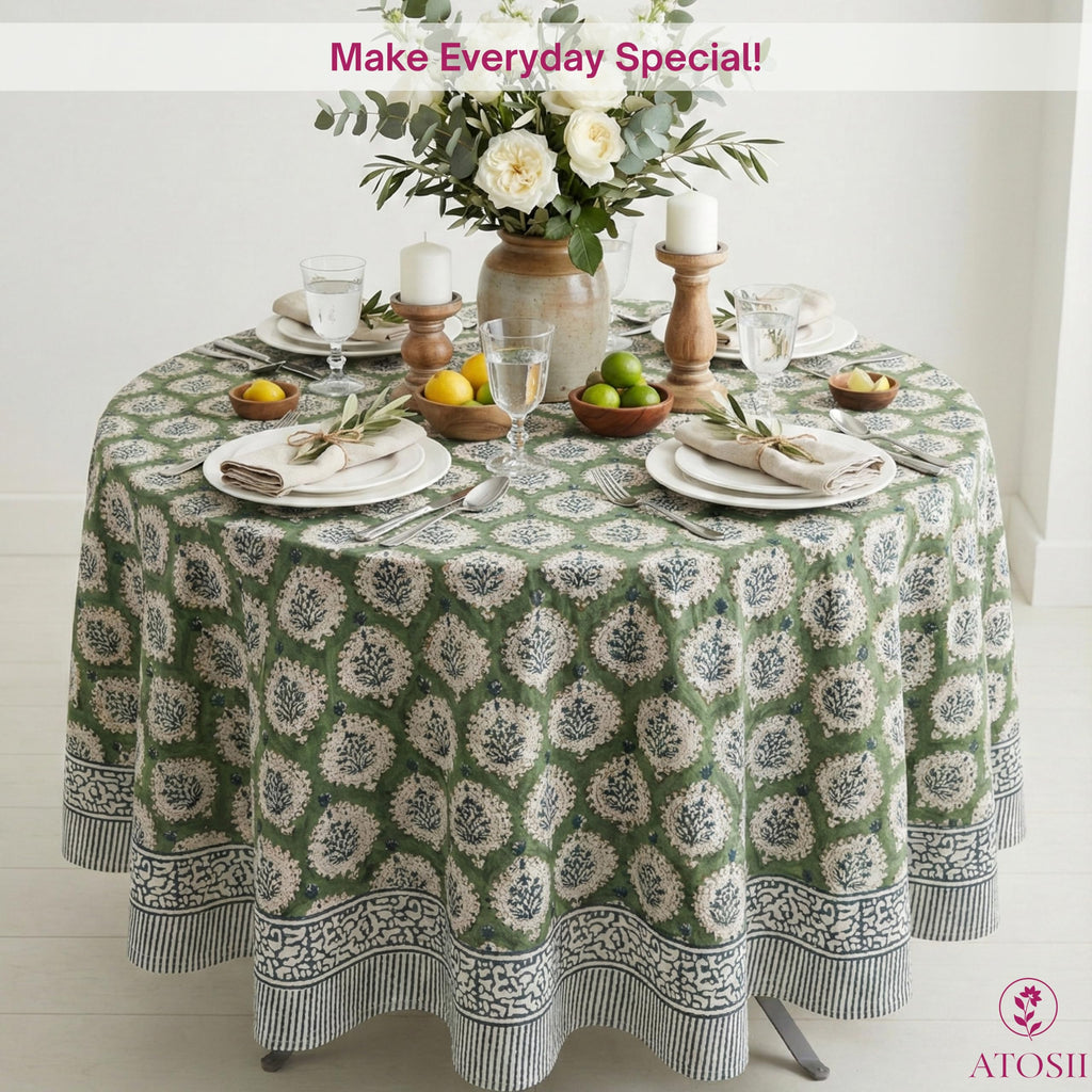 ATOSII Kari Green 100% Cotton Round Boho Spring Summer Tablecloth, Block Print Floral Table Cloth Linen for Dining, Parties, Weddings, OutdoorsI Home Table Decor 90" Inches Round