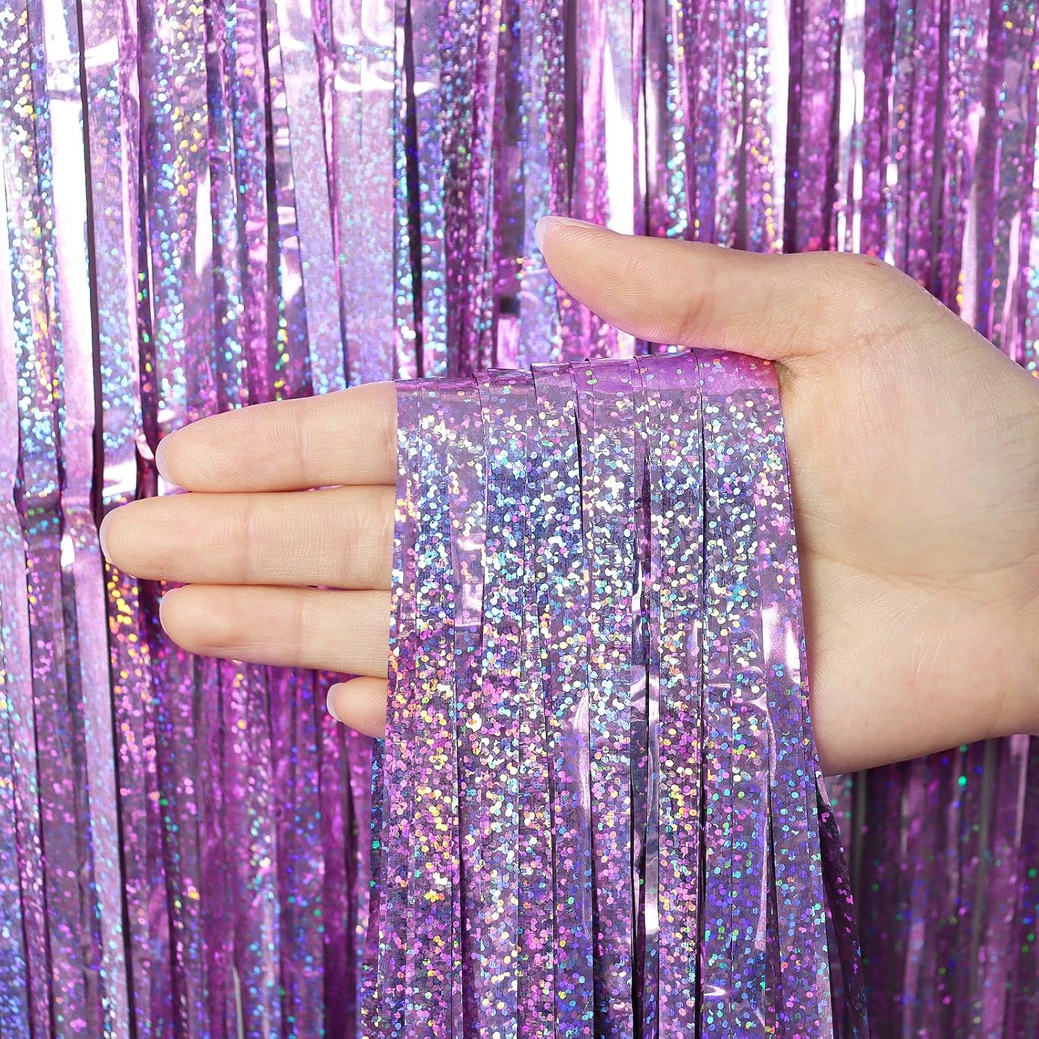 Skiennix Fringe Curtains - 2 Pack Foil Backdrops for Birthday, Wedding, and Graduation Decor - Light Purple