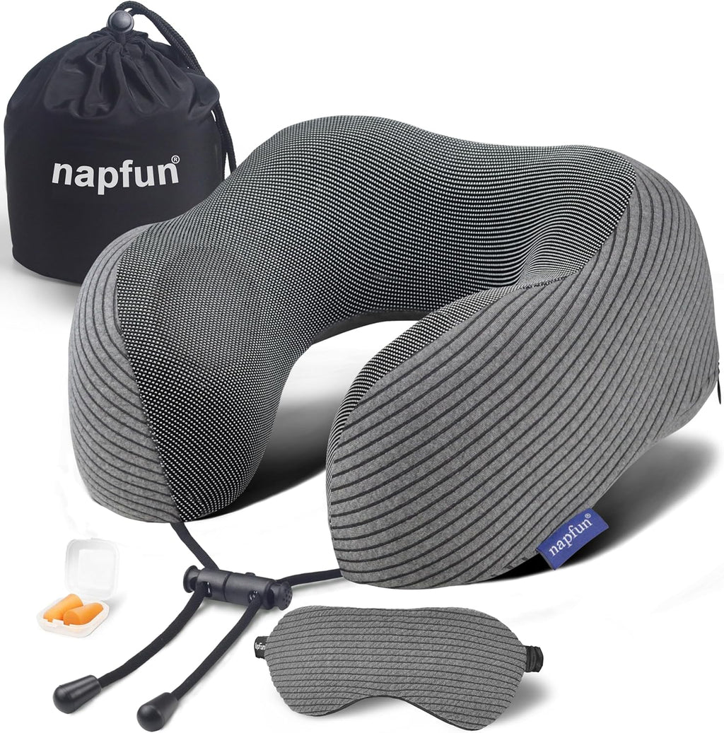 Napfun Neck Pillow - Memory Foam Travel Pillow with Pouch, Sleep Mask & Earplugs | Dark Gray Striped Kit