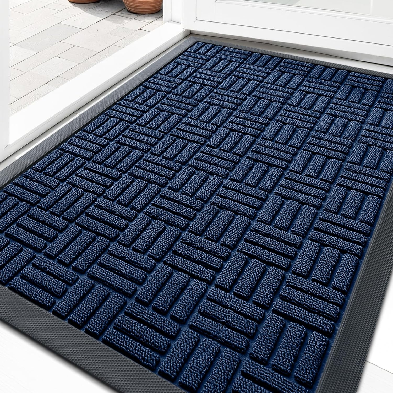OLANLY Heavy Duty Front Door Mat - Absorbent Non-Slip Natural Rubber | 29.5x17 Inches, Navy Blue