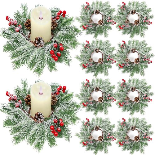 Christmas Candle Rings - Set of 8 Artificial Red Berries & Pinecones | 10-Inch Holiday Centerpieces