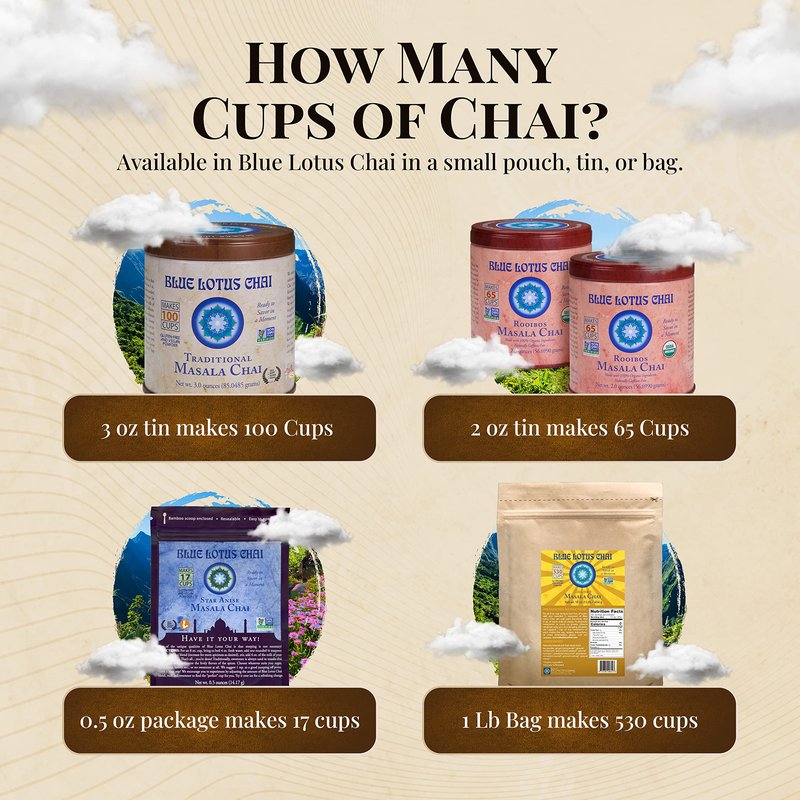 Blue Lotus Chai - Star Anise Masala Chai - Makes 100 Cups - 3 Ounce Masala Spiced Chai Powder with Organic Spices - Instant Indian Tea No Steeping - No Gluten