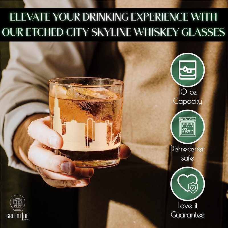 Greenline Goods Whiskey Glasses – 10 oz Drinkware for Chicago Lovers (Single Glass) - Etched with Chicago, IL Skyline - Premium Decorative Glassware