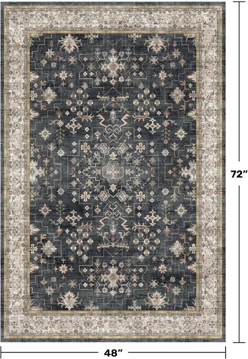 Boho Washable 4x6 Entryway Rug - Non-Slip Geometric Area Rug for Living Room & Office - Ultra Soft Black & Multi