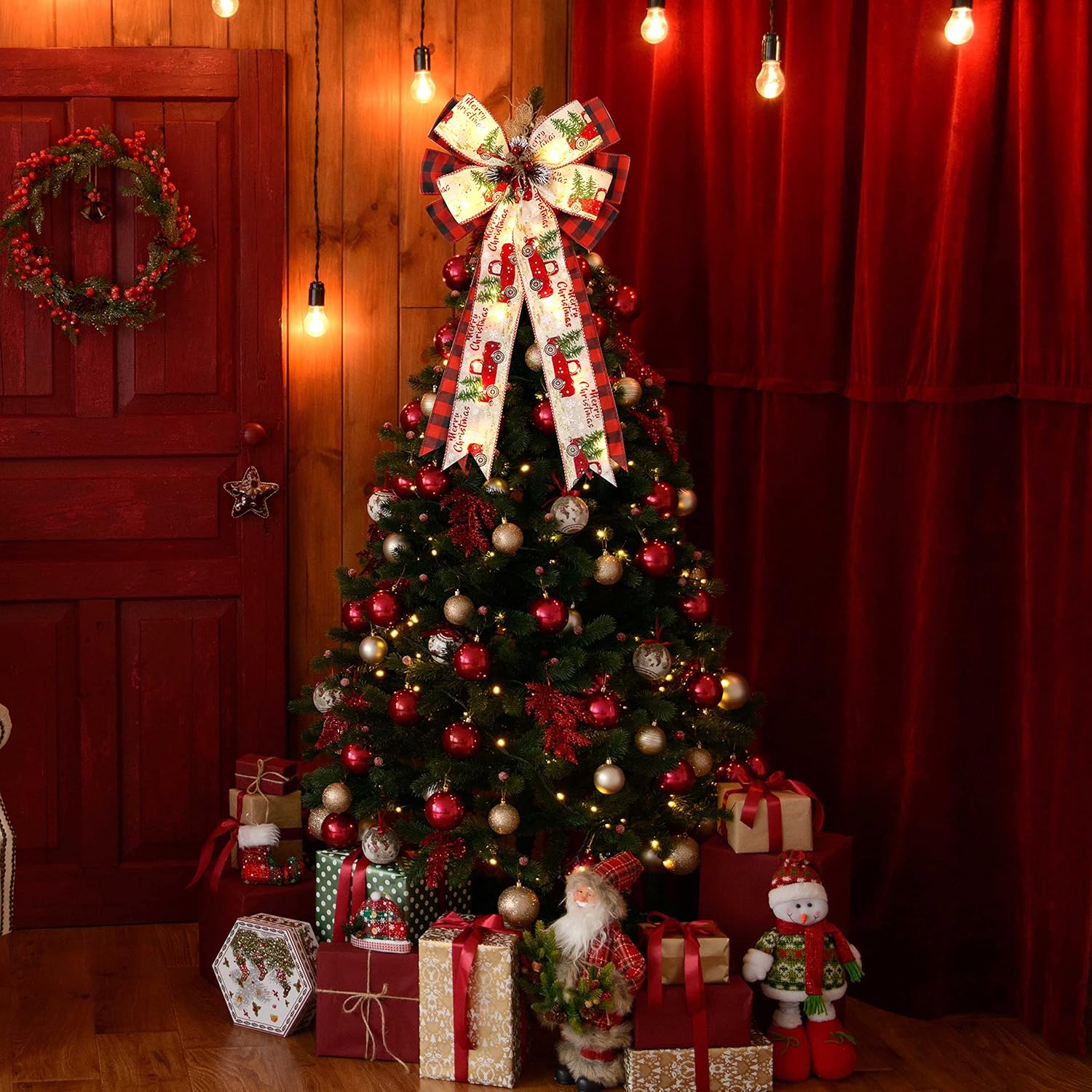 Skiennix Christmas Tree Topper Bow - 30 LED Lights, 13”x25” Large Red Black Buffalo Plaid Decor
