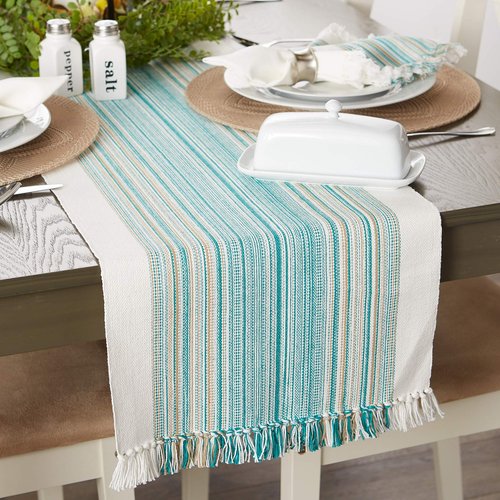 DII Everyday Collection Fringed Stripe Tabletop, Table Runner, 14x72, Teal