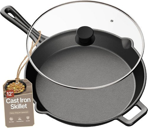 Bakken Pre-Seasoned Cast Iron Skillet - 12" Versatile Frying Pan with Glass Lid & Silicone Handle