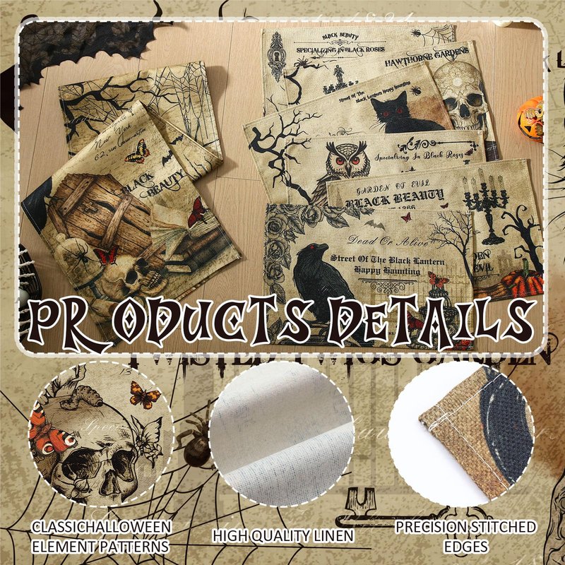 Breling 7 Pcs Halloween Placemats with Runner 12"x18" Terror Forest Gothic Bat Placemats Washable Rectangle Skull Table Mats for Halloween Kitchen Dining Table Home Accessories(Gothic)
