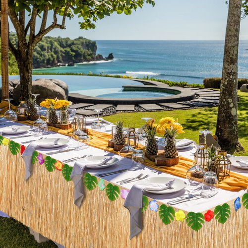 Aodaer 4 Pack Grass Table Skirt Hawaiian 108 x 30 Inch Straw Luau Table Skirt Hawaiian-themed Party Decoration for Tropical Hawaii, Summer Theme Decorations Supplies