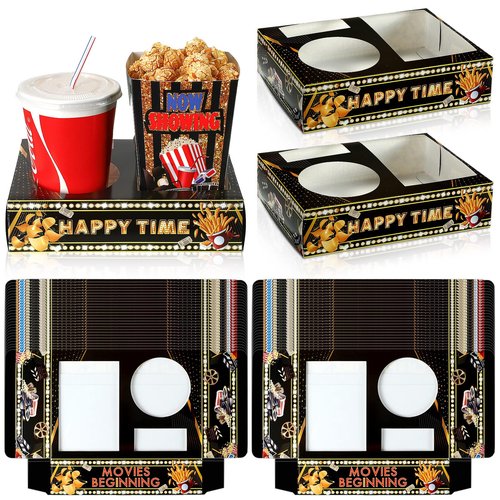 Faccito 36 Pcs Movie Night Snack Trays Theater Snack Boxes Disposable Cinema Paper Holder Movie Night Neon Glow Party Supplies for Popcorn Food Candy Drink Party Favors(Black Gold,Cute Style)