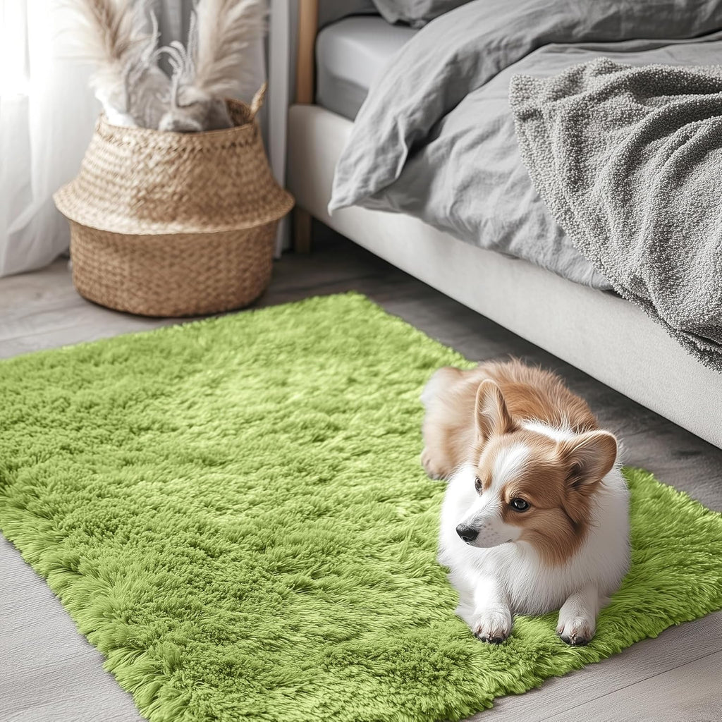 OLANLY Soft Fluffy Shaggy Bedside Rug - Machine Washable 2x3 Size in Grass Green | Perfect for Kids' Rooms & Home Decor