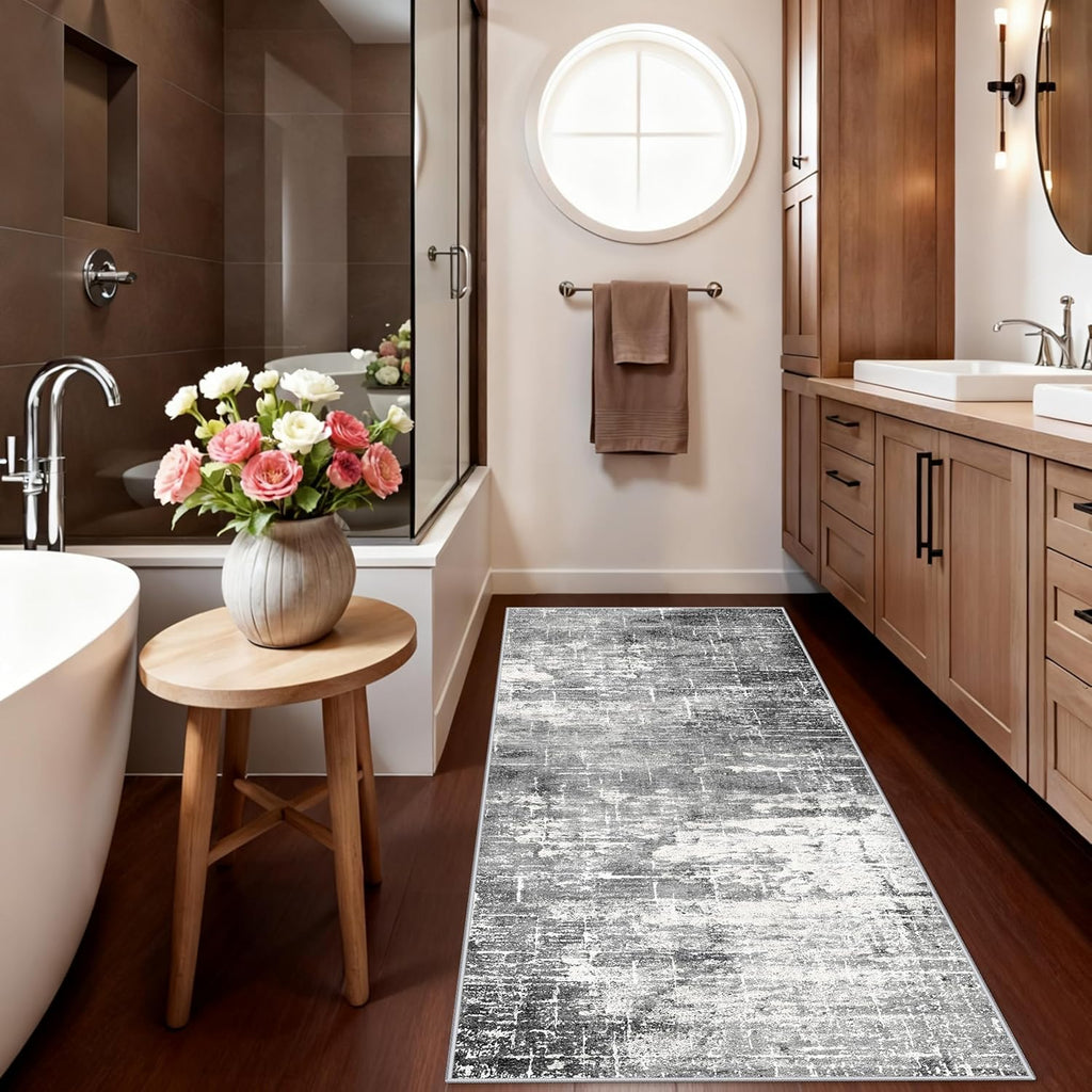 Skiennix Abstract Kitchen Runner Rug - Washable Non-Slip Design | 2x6 Black/Grey Low Pile Carpet for Modern Home Decor