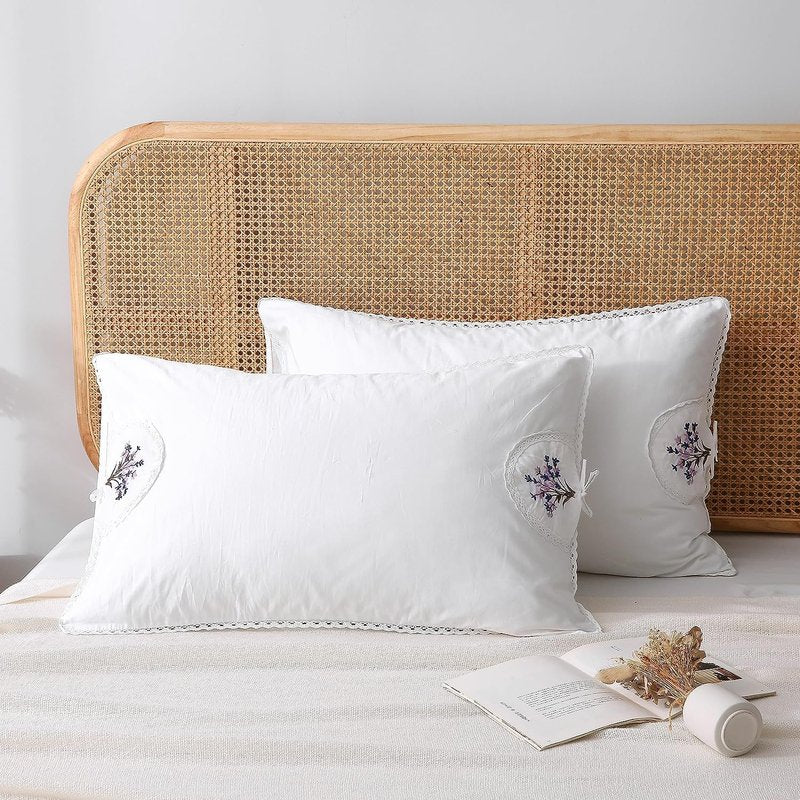 White Embroidery Pillowcases Lavender Flower Pillow Shams with lace 100% Cotton 2-Pack Twin Standard Size (26"x20")