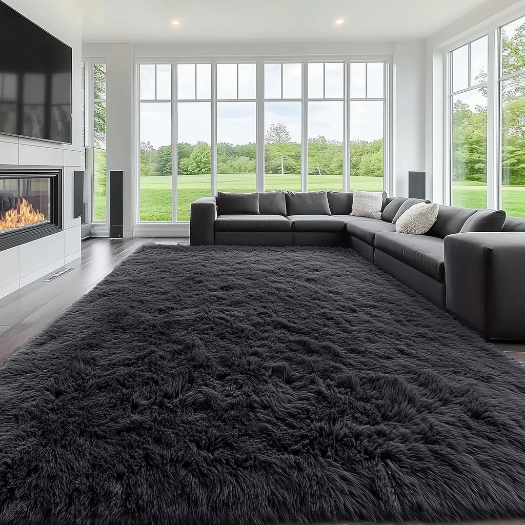 OLANLY Large Machine Washable Area Rug - Soft Fluffy Shaggy Carpet for Living Room & Bedroom | Black