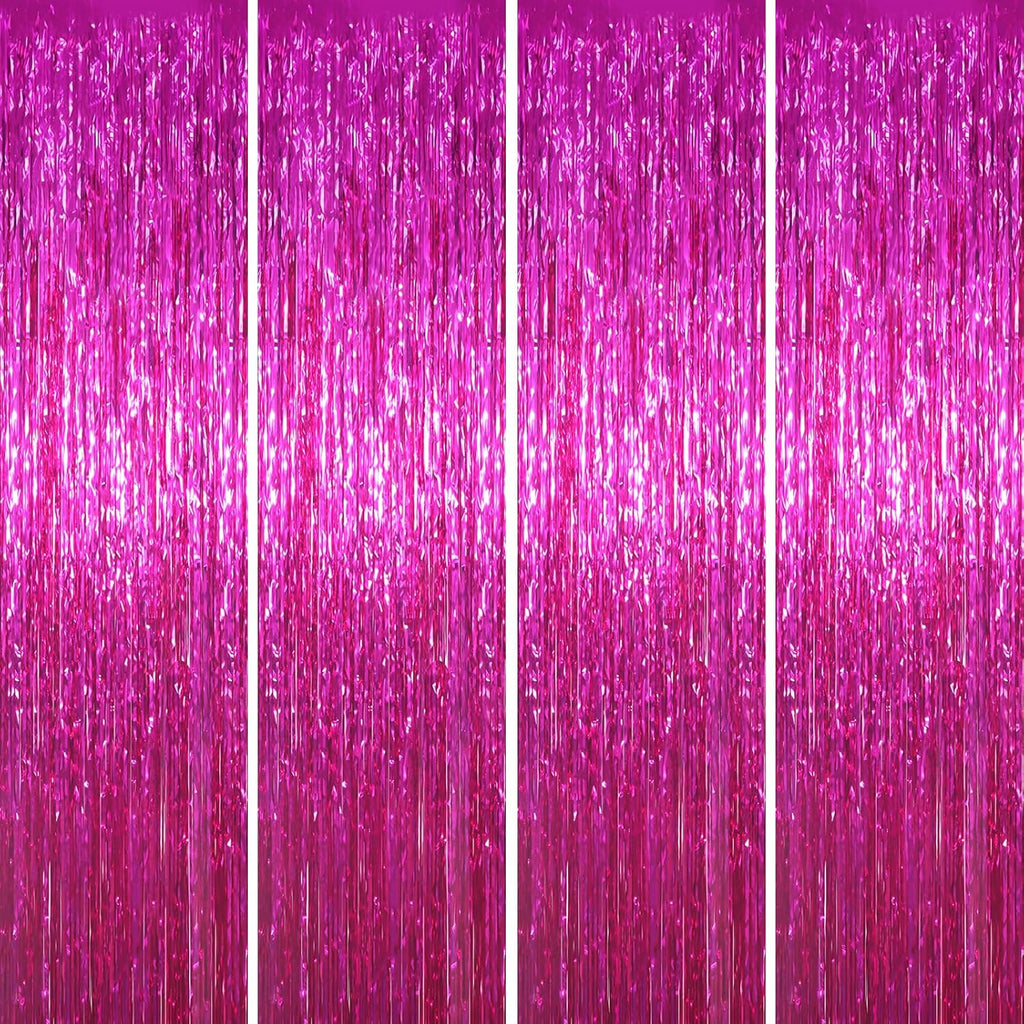 Voircoloria 4 Pack Pink Foil Fringe Backdrop Curtains - Tinsel Streamers for Birthday, Graduation & Baby Showers