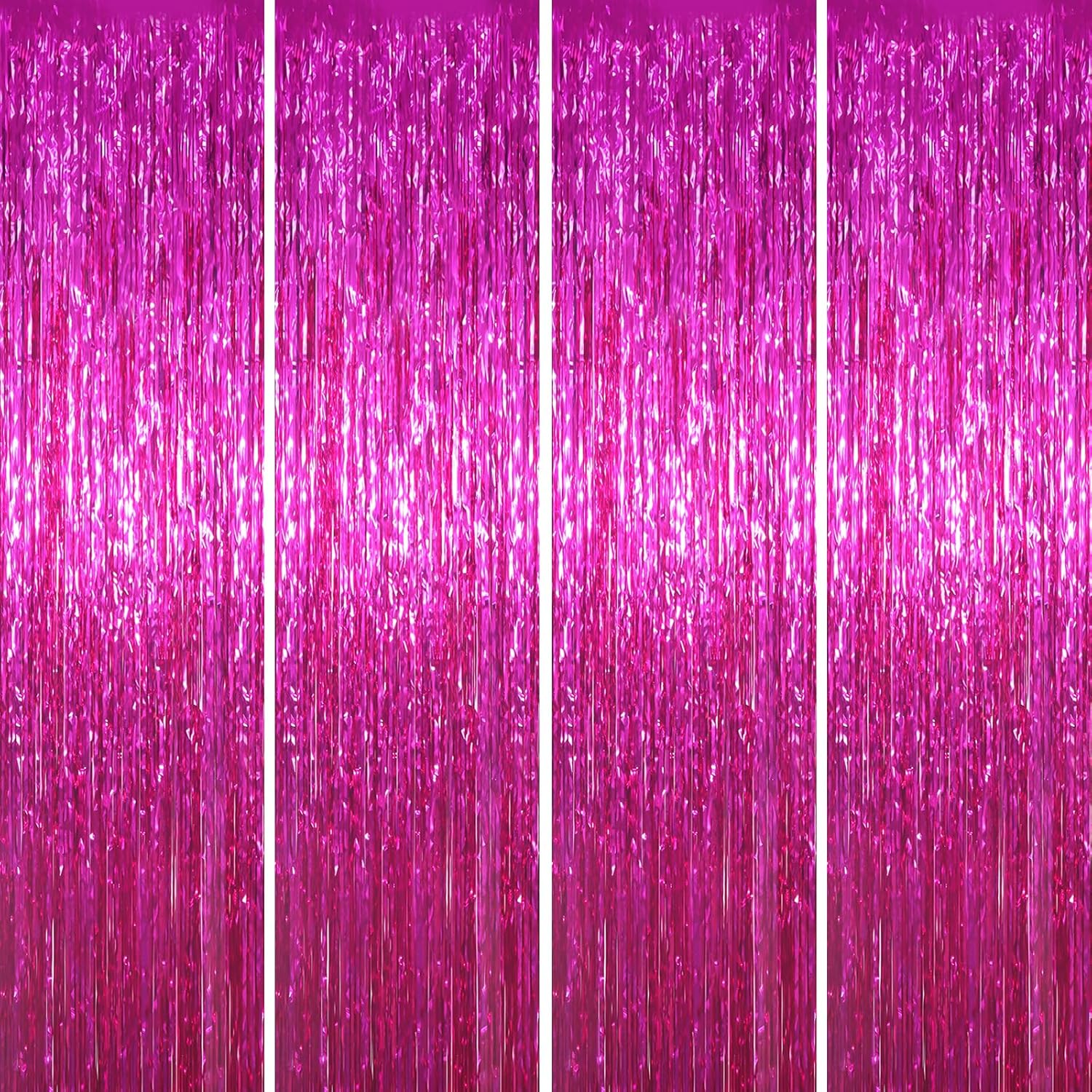 Voircoloria 4 Pack Pink Foil Fringe Backdrop Curtains - Tinsel Streamers for Birthday, Graduation & Baby Showers