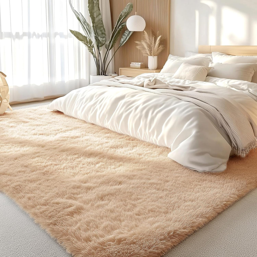 OLANLY 6x6 Area Rug - Soft, Fluffy Shaggy Carpet for Living Room & Bedroom | Machine Washable, Beige