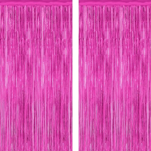 Hot Pink Party Decorations by [Brand Name] - 2 Pack Metallic Foil Backdrop | 3.28 FT x 7.05 FT Tinsel Curtains