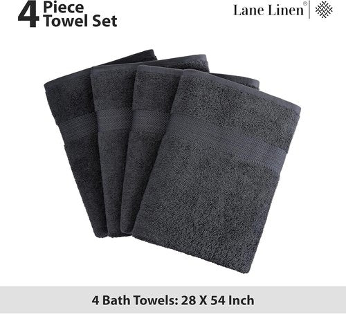 LANE LINEN Bath Towels - 100% Ring Spun Cotton, Quick-Drying, Soft & Absorbent - 4 Pack, Black (28"x54")