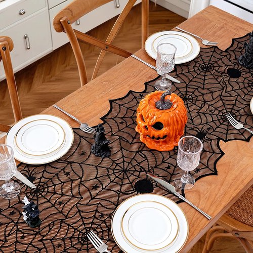 Halloween Table Runner Spider Web: 4 Pieces 18x72 Inches Black Lace Runners for Halloween Party Black Spooky Dinner Table Decorations