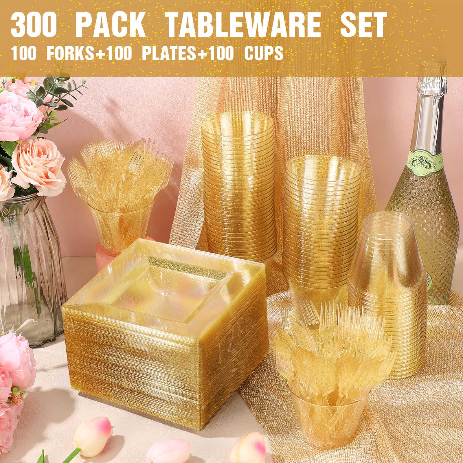 Mifoci 300 Pcs Gold Glitter Plastic Plates Set for Party 100 Pcs 6.5 Inch Plastic Plates with 100 Forks and 100 9 oz Cups for Wedding Party Halloween(Gold Glitter)