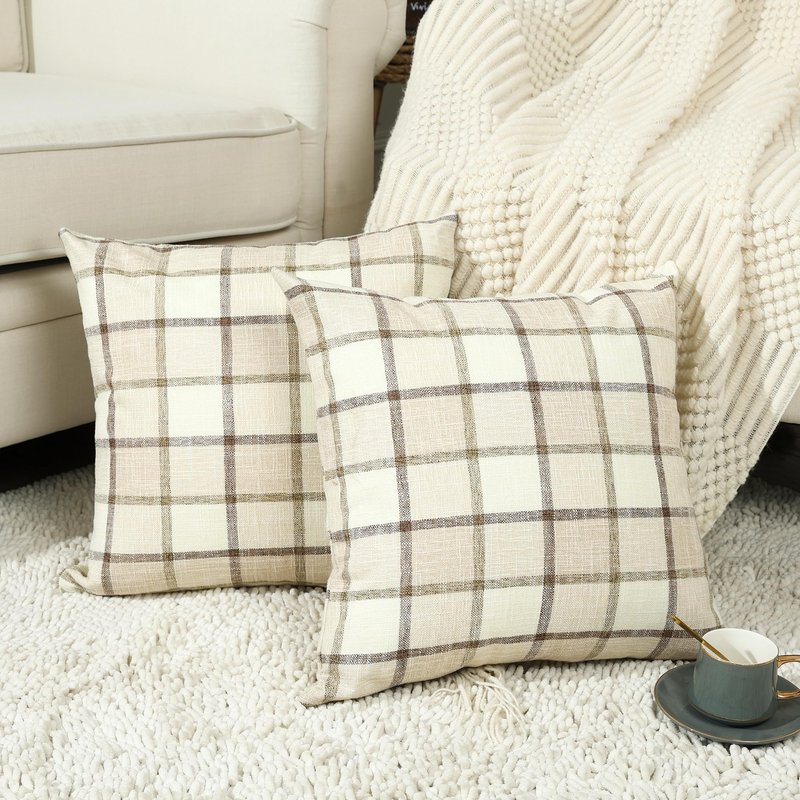 Stellhome Pack of 2 Fall Linen Buffalo Check Decorative Throw Pillow Covers, Farmhouse Plaid Cushion Covers Rustic Retro Decor for Couch Sofa Living Room, 24x24 Inch, Beige