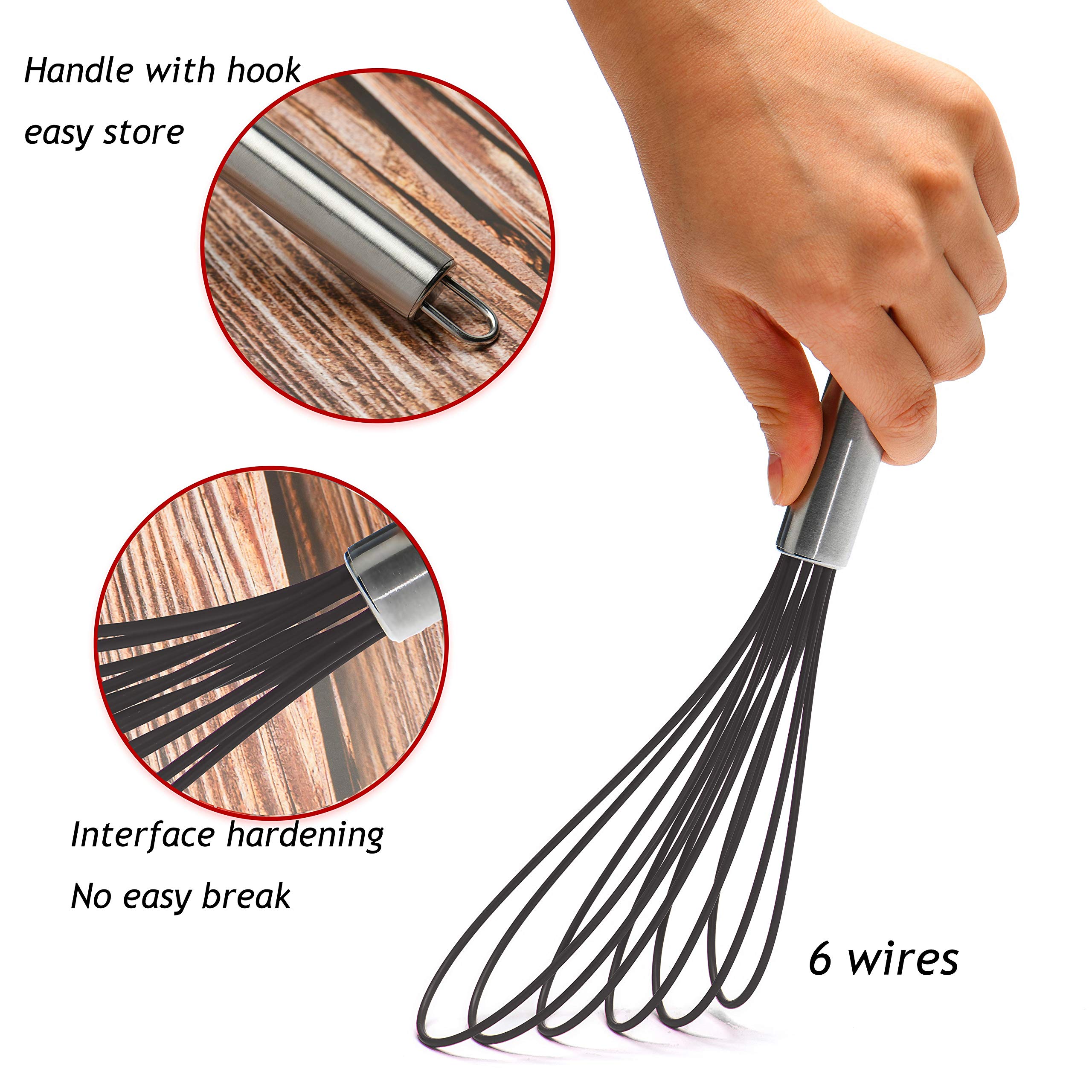 Flat Whisks Stainless Steel,3 Pack 10''+11''+12'' Set Premium Sturdy-6 Silicone Heads Non Stick Wires Whisk for Blending Beating Stirring Kitchen Cooking Color Grey by Jell-Cell
