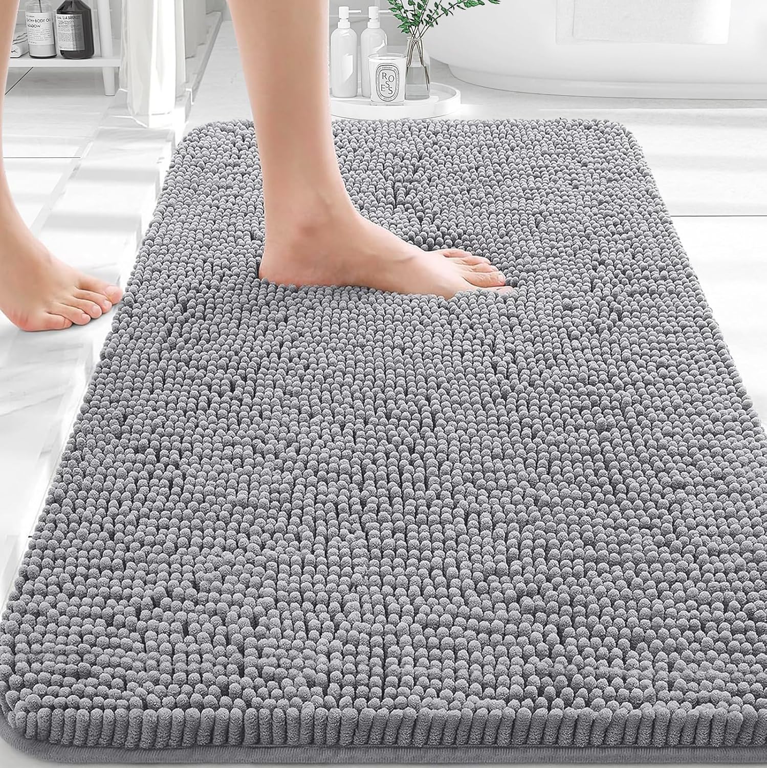 OLANLY Chenille Bath Rugs - Extra Soft & Absorbent | Quick-Dry, Machine Washable, 32x20, Grey