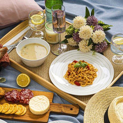 BZYOO BPA-Free Dishwasher Safe 100% Melamine Plastic Plate & Bowl Set Casual dining Indoor and Outdoor Dining Party (12 PCS Dinnerware set, Service for 4, white planet)