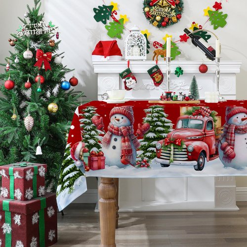 cusugbaso Christmas Square Tablecloth 52x52 Inches - Red Truck and Snowman Christmas Party Decorations for Home - Winter Table Cloth for Rectangle Table Holiday Xmas Decor for Kitchen