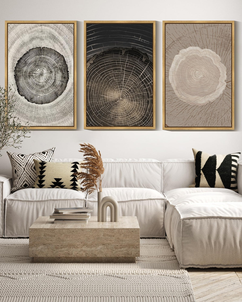 PHOPAGO Vintage Wood Tree Rings Wall Art 16x24in Farmhouse Rustic Framed Canvas Paintings Nature Artwork Natural Framed