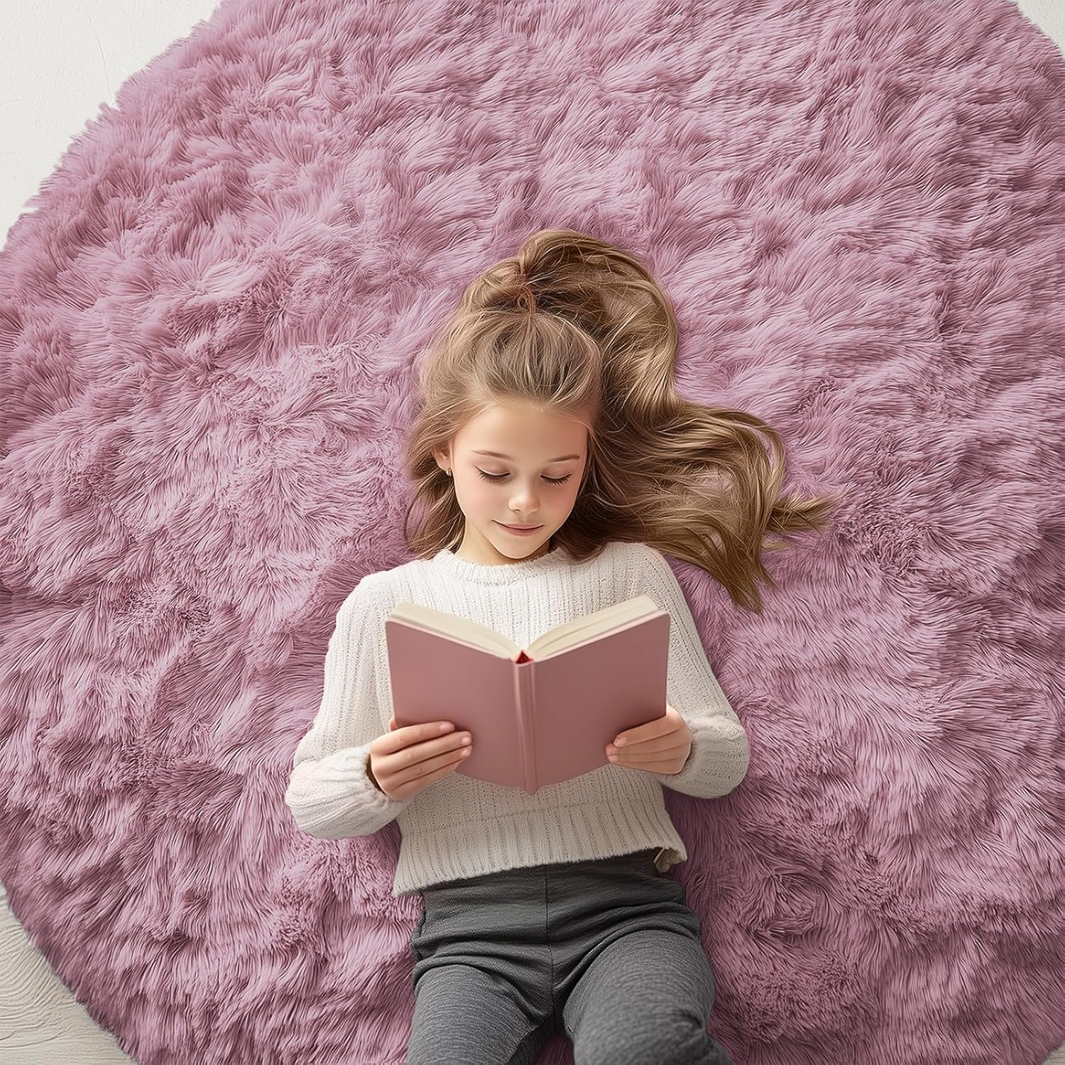 OLANLY Blush Round Area Rug - Soft, Fluffy, Machine Washable 5 ft Circle Carpet for Bedrooms & Nurseries