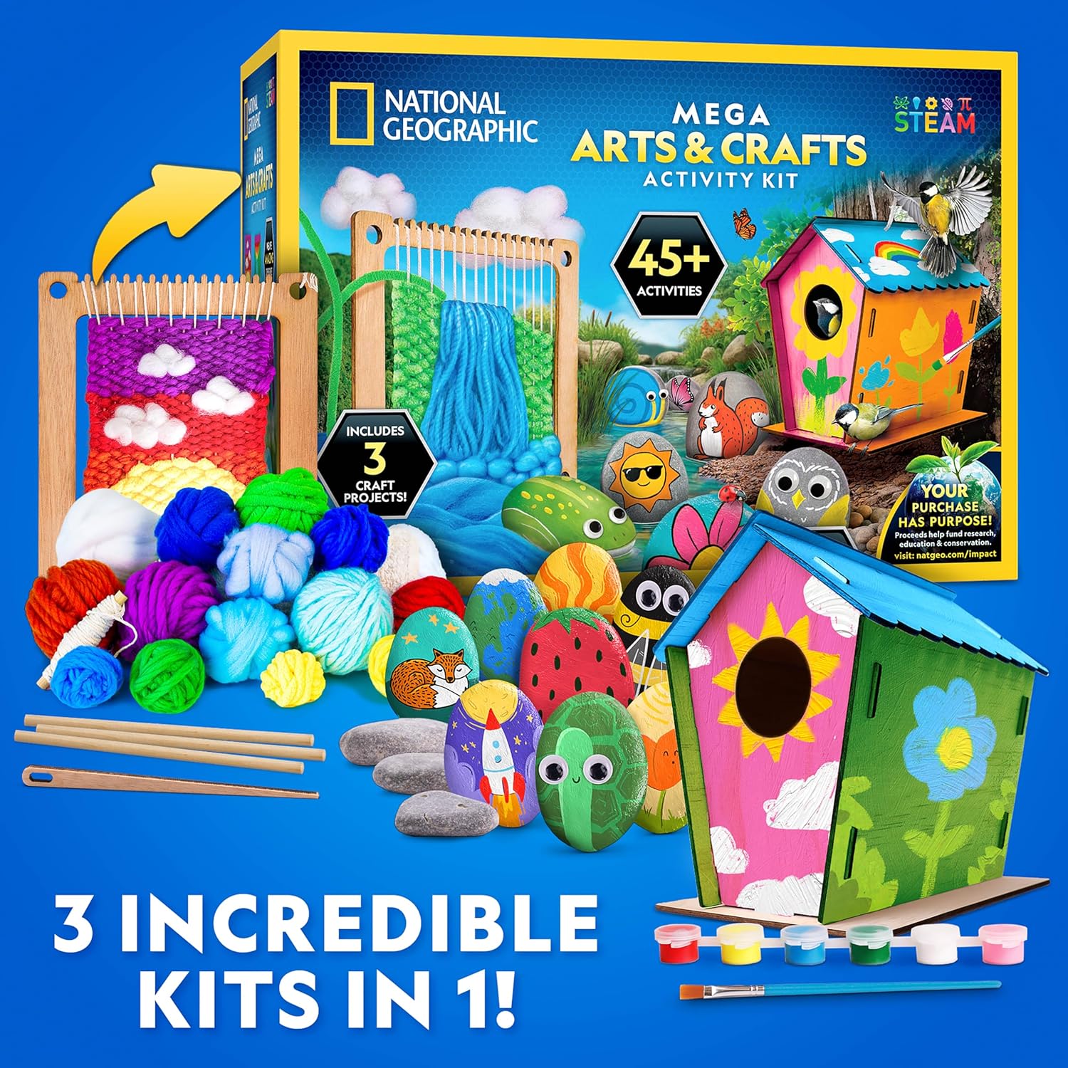 National Geographic Mega Arts & Crafts Activity Kit - 3-in-1 Craft Set for Kids | Build, Paint & Weave