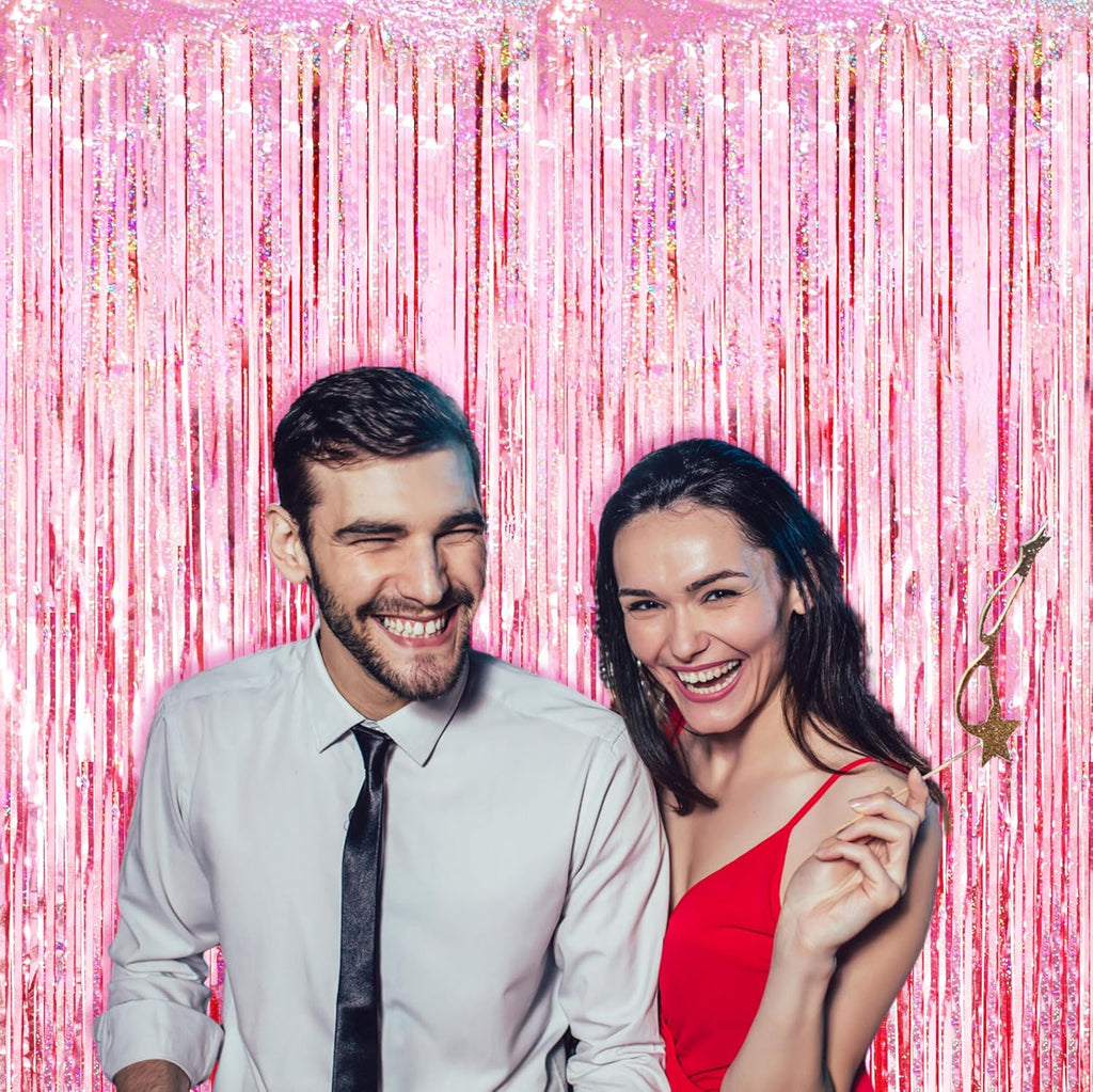 Voircoloria 3 Pack Laser Pink Foil Fringe Backdrop Curtains - Perfect for Birthday, Graduation & Baby Showers
