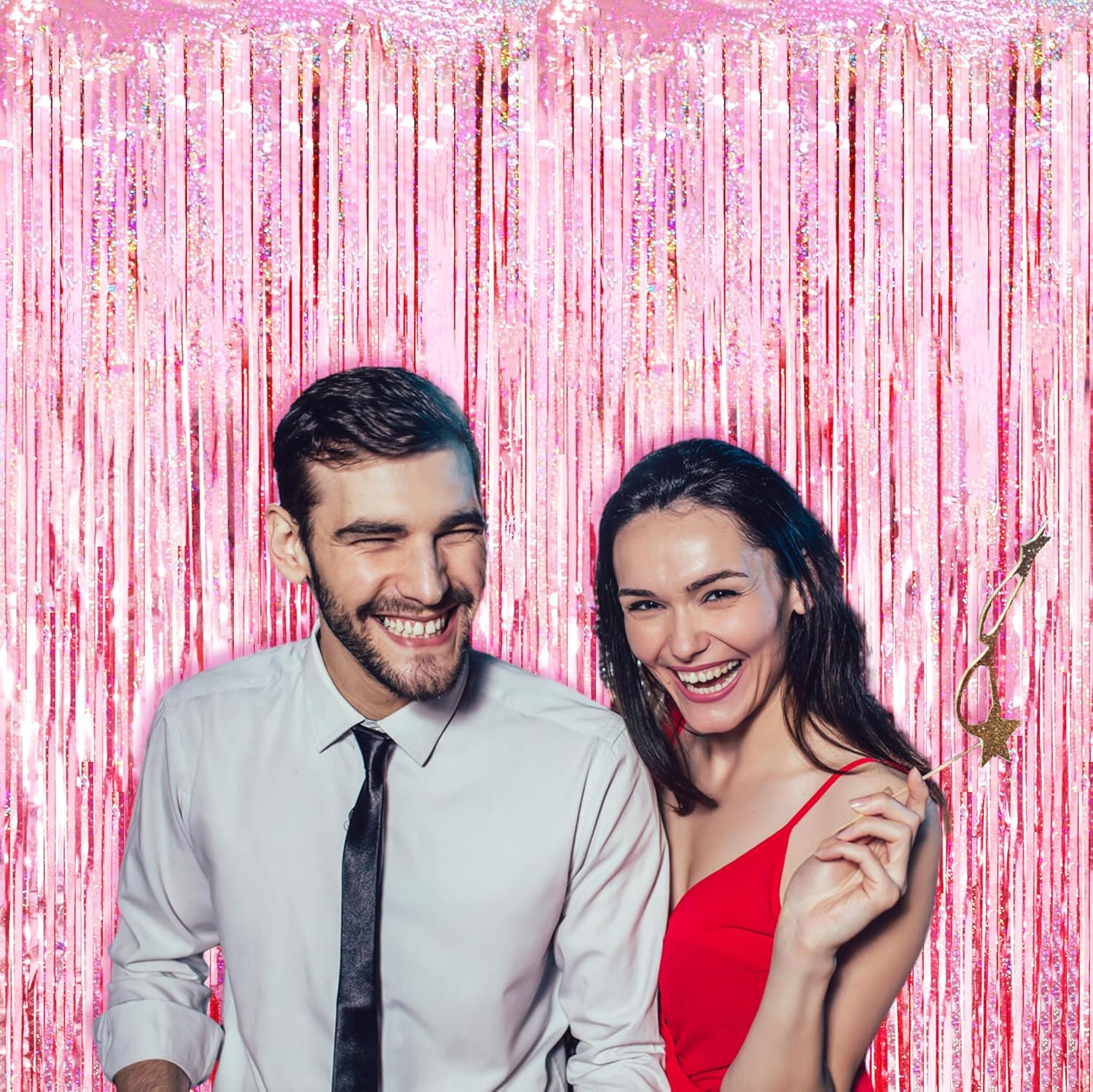 Voircoloria 3 Pack Laser Pink Foil Fringe Backdrop Curtains - Perfect for Birthday, Graduation & Baby Showers
