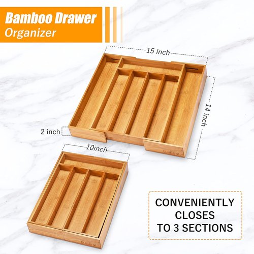 Bellsal Bamboo Utensil Holder - Expandable Silverware Organizer for Kitchen Drawers | Cutlery Tray