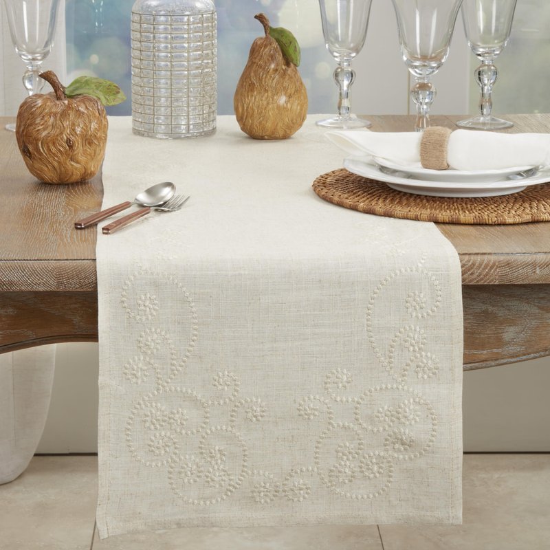 SARO LIFESTYLE Embroidered Swirl Design Linen Blend Tablecloth/001.N67120B, 67" x 120", Natural