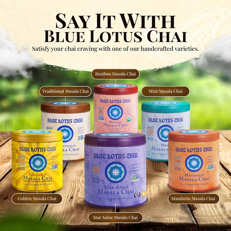 Blue Lotus Chai - Star Anise Masala Chai - Makes 100 Cups - 3 Ounce Masala Spiced Chai Powder with Organic Spices - Instant Indian Tea No Steeping - No Gluten